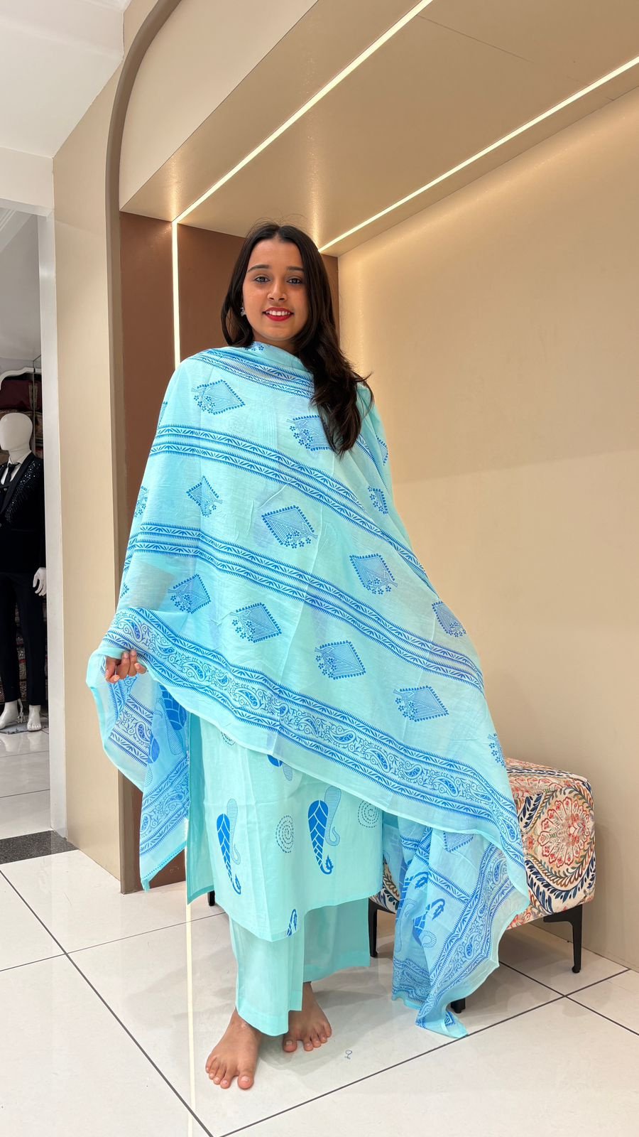 Aqua Blue Geometric Block Print Suit Set | 3-Piece Kurti, Pants & Dupatta