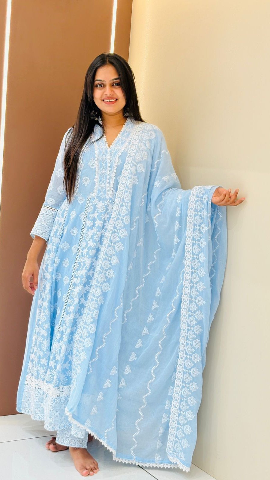 Baby Blue Chikankari Anarkali Set | 3-Piece Kurti, Pants & Dupatta