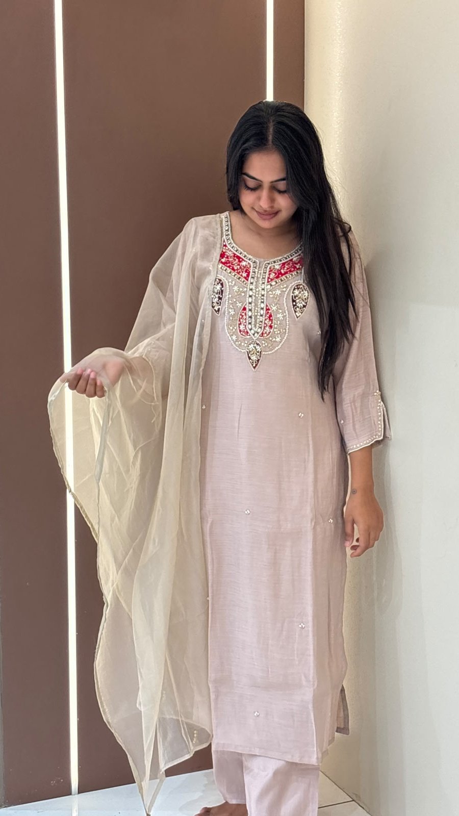 Beige Mughal Embroidered Suit Set | 3-Piece Kurti, Pants & Dupatta