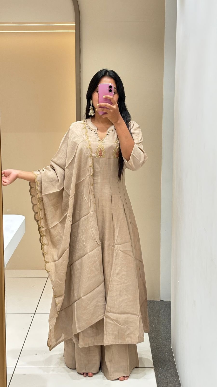 Beige Embroidered Anarkali Sharara Set | 3-Piece Kurti, Sharara & Dupatta