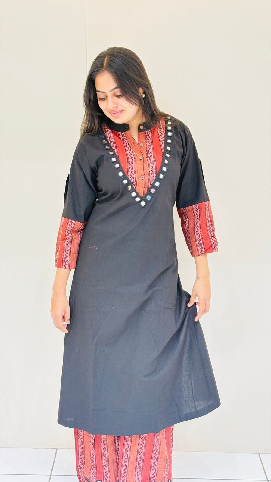 Black Ajrakh Panel Straight Kurti | Ethnic Top (Single Piece)