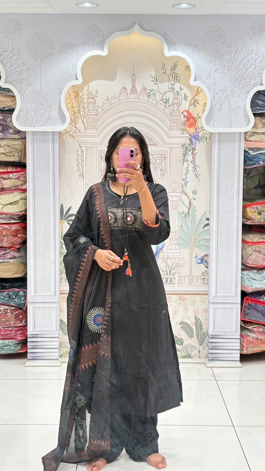 Black Aztec Print Embroidered Suit Set | 3-Piece Kurti, Pants & Dupatta