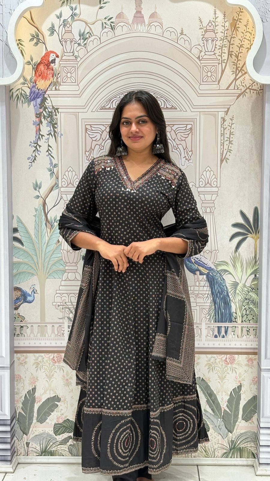 Black Bandhani Print Anarkali Set | 3-Piece Kurti, Pants & Dupatta