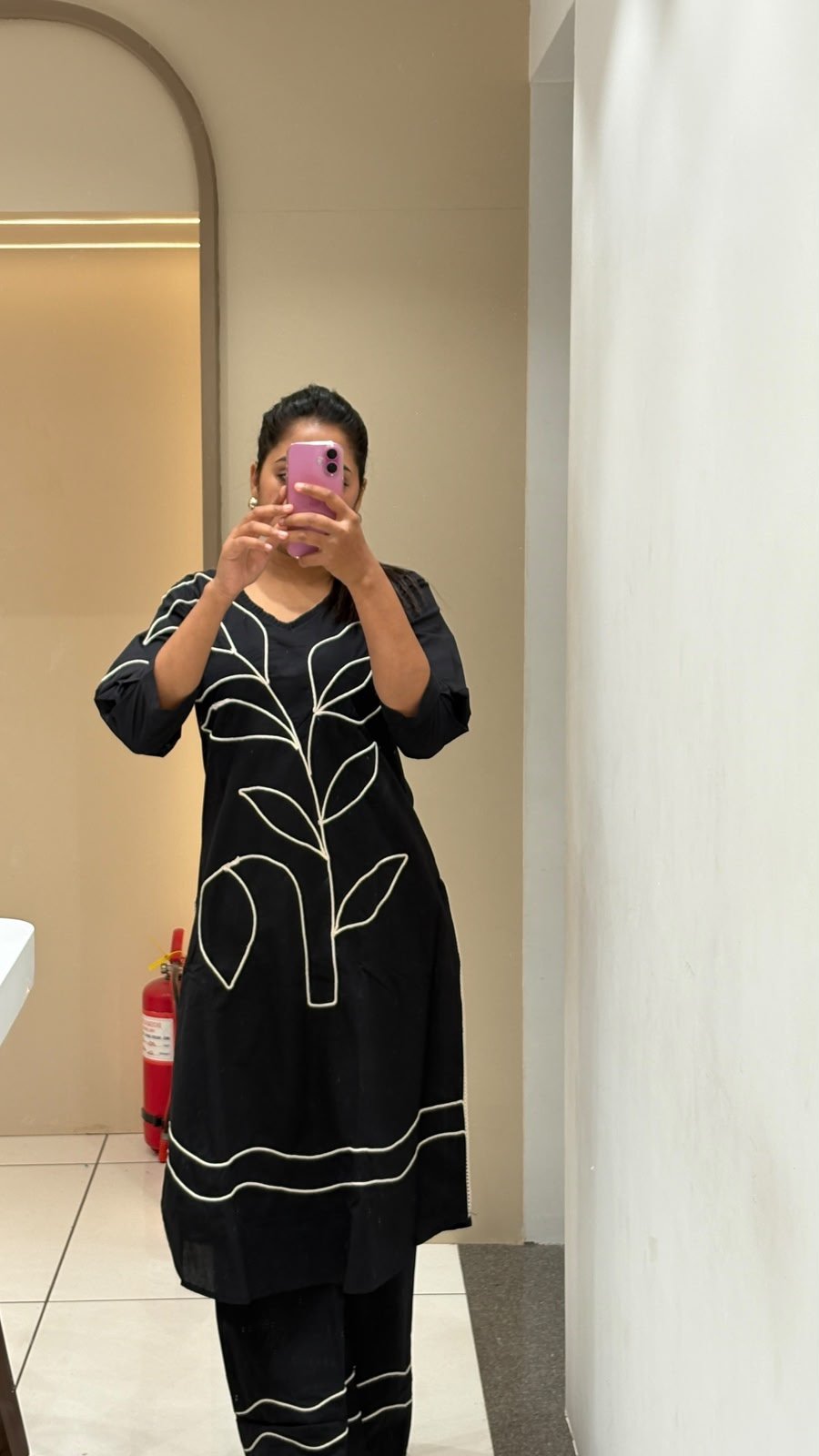 Black Botanical Appliqué Kurti & Pants Set | 2-Piece