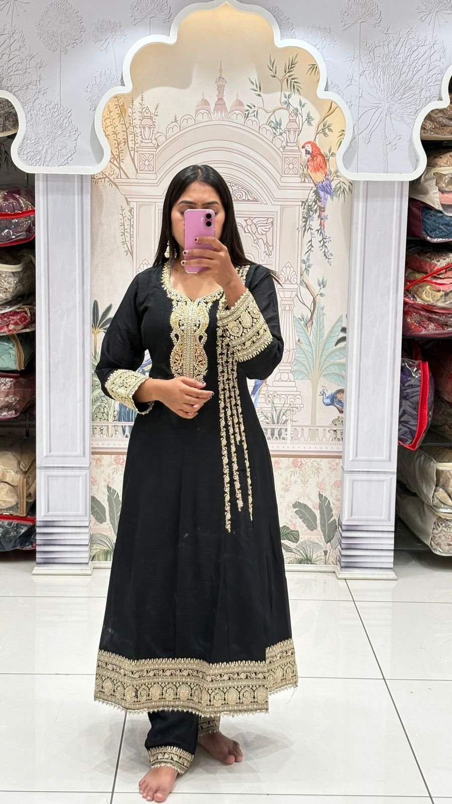 Black Gold Zardozi Embroidered Anarkali Set | 3-Piece Kurti, Pants & Dupatta