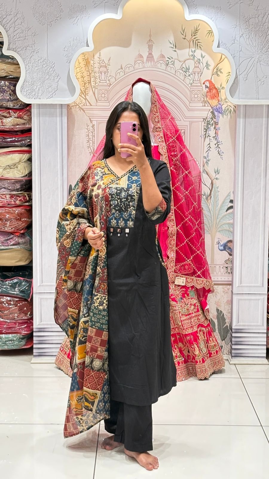 Black Kalamkari Yoke Mirror Suit Set | 3-Piece Kurti, Pants & Dupatta