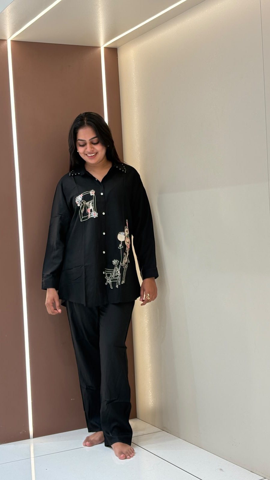 Black Parisian Print Shirt Co-ord Set | 2-Piece Shirt & Straight Pants