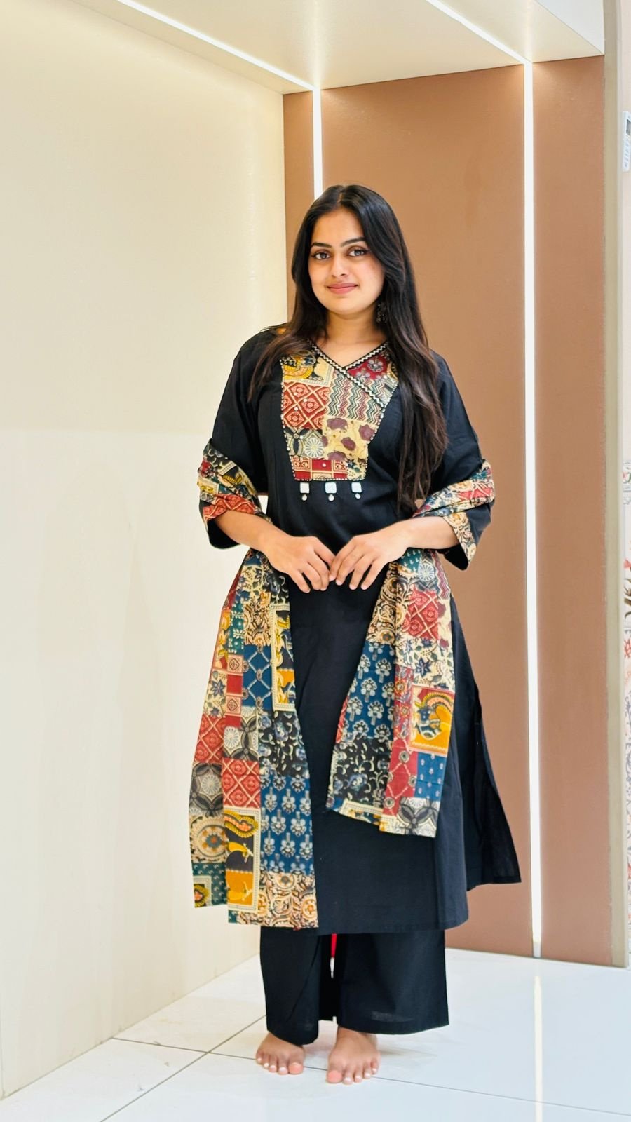 Black Patchwork Dupatta Suit Set | 3-Piece Kurti, Palazzo & Dupatta