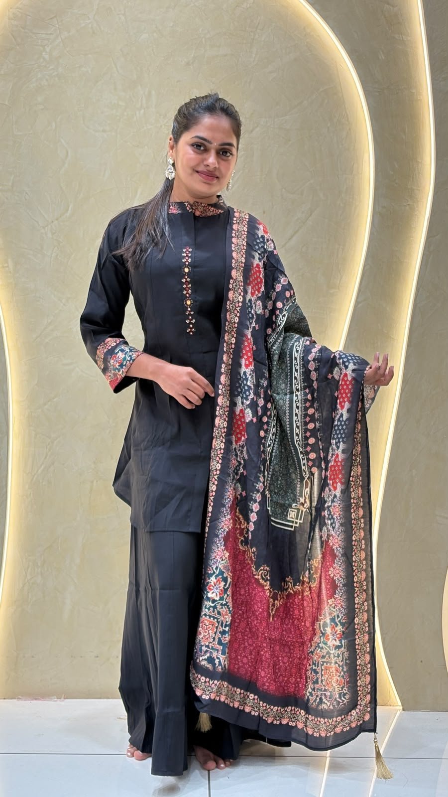 Black Mandarin Collar Kurta with Printed Dupatta & Sharara Pants | 3-Piece