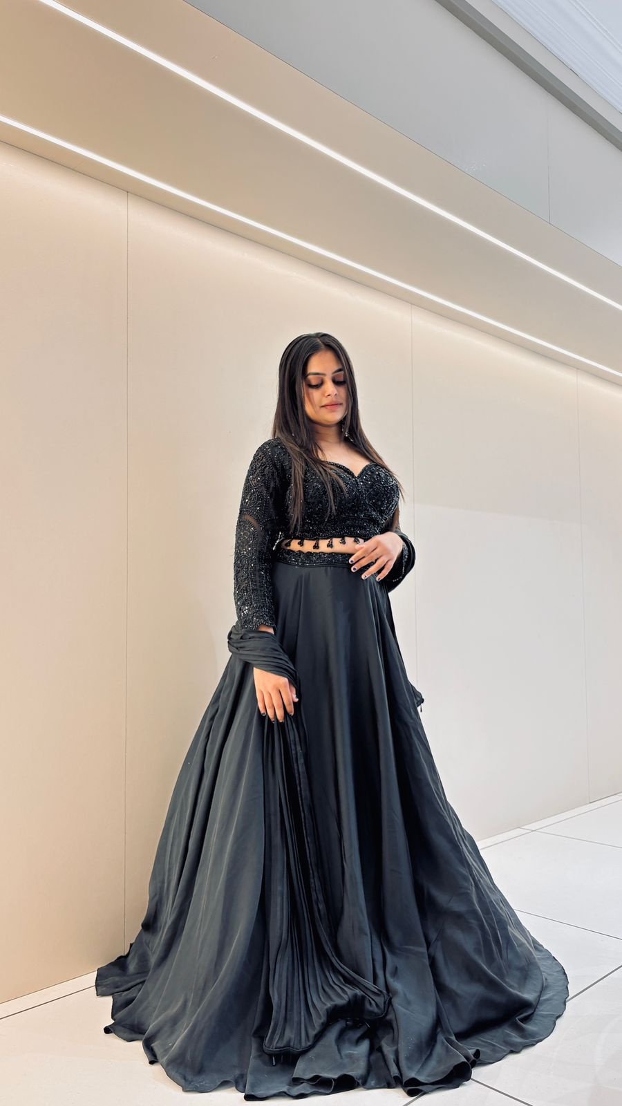 Black Sequin Embellished Lehenga Set | 2-Piece Crop Blouse & Flared Skirt
