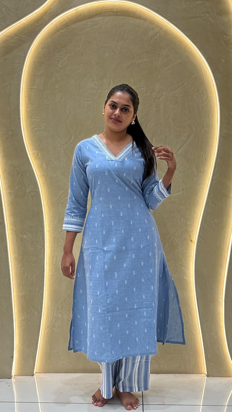 Blue Chambray Cotton Kurta with Striped Palazzo Pants | 2-Piece