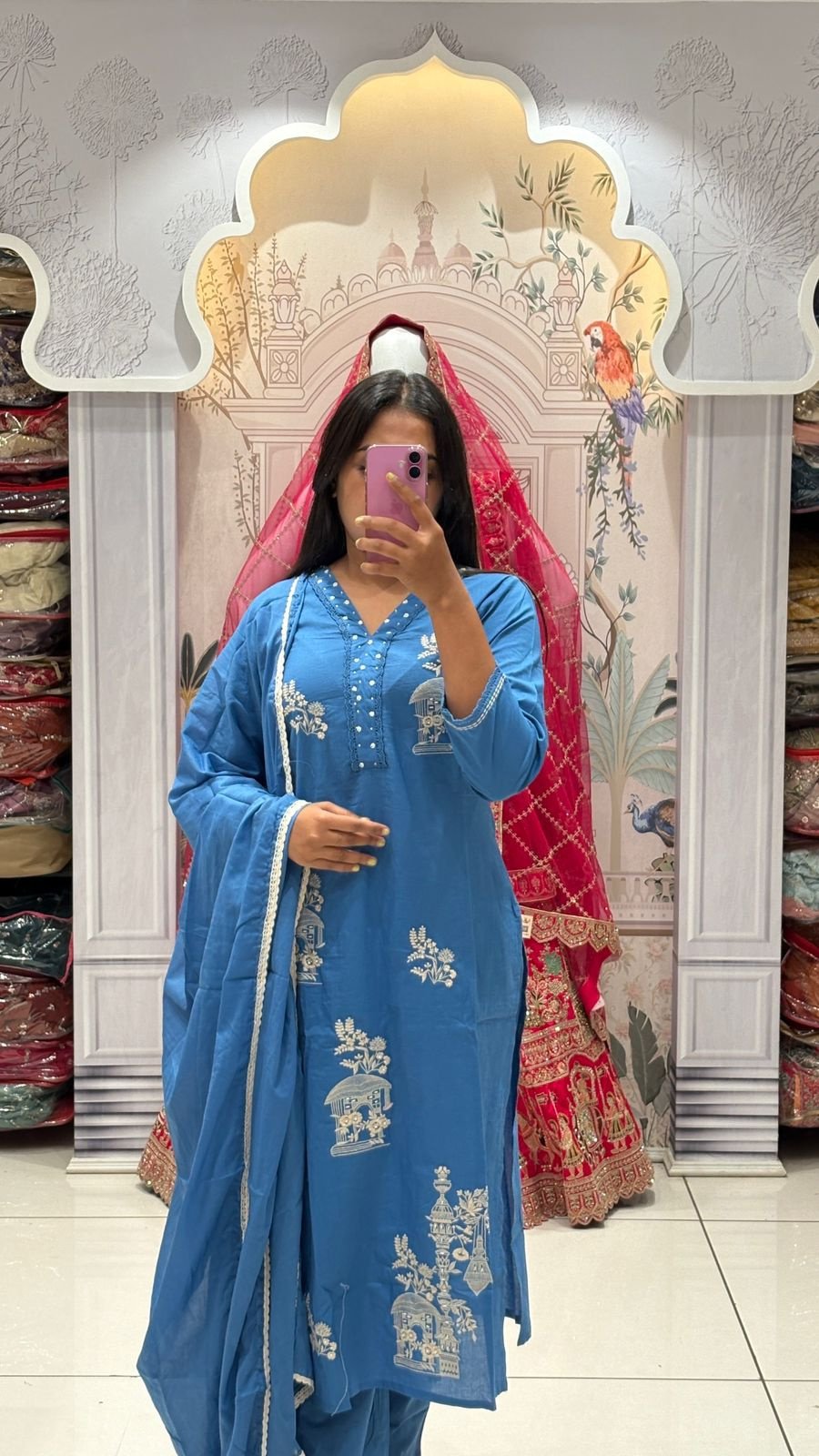 Cerulean Blue Mughal Motif Embroidered Suit Set | 3-Piece Kurti, Pants & Dupatta