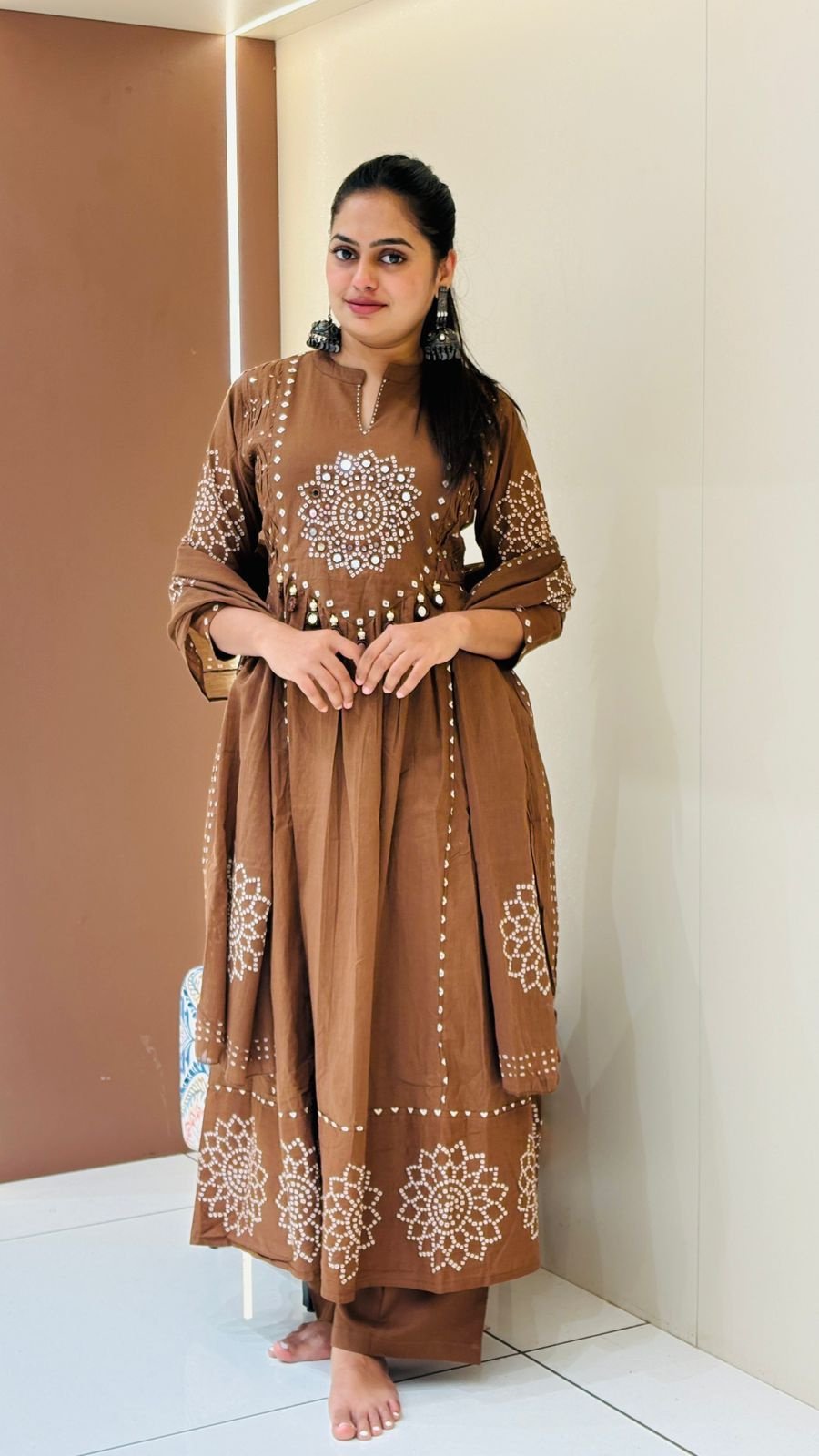 Brown Mirror Work Alia Cut Suit Set | 2-Piece Kurti & Pants
