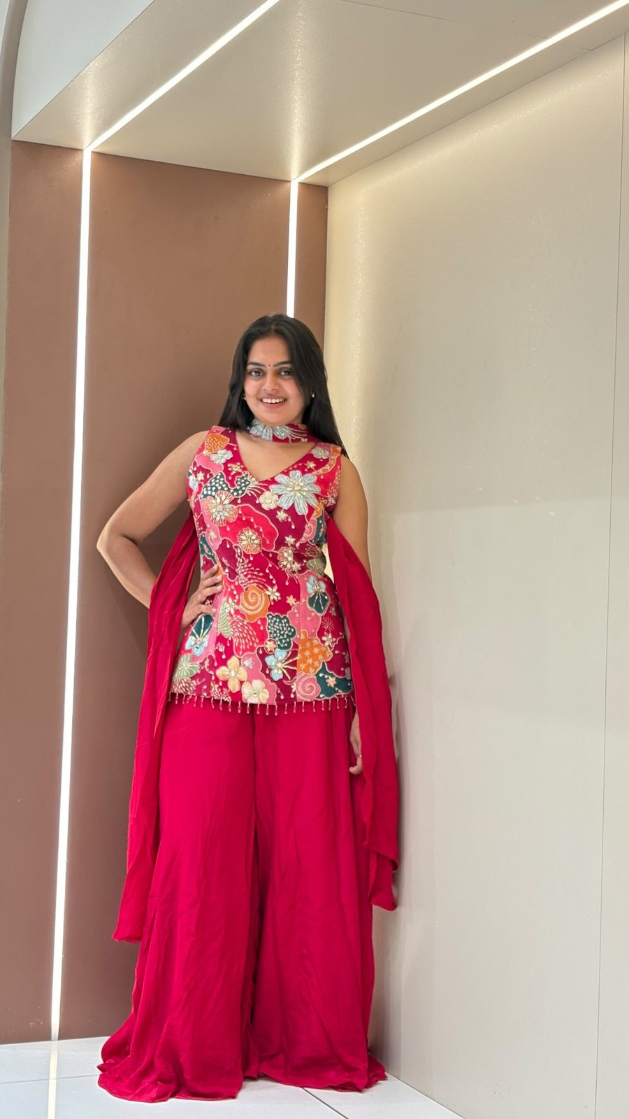 Crimson Floral Digital Print Sharara Set | 3-Piece Top, Sharara & Dupatta