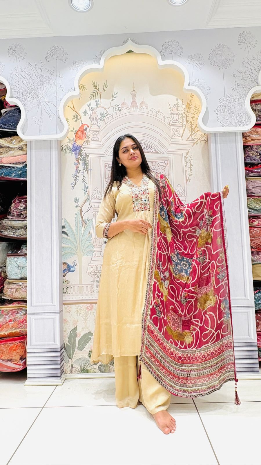 Cream Embroidered Suit Set with Red Bandhani Dupatta | 3-Piece