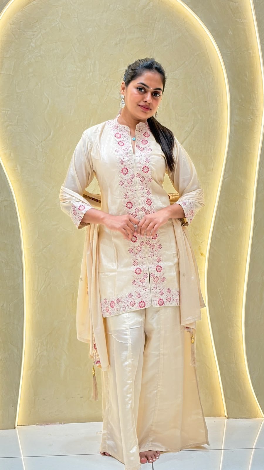 Ivory Embroidered Kurta with Palazzo Pants & Dupatta | 3-Piece