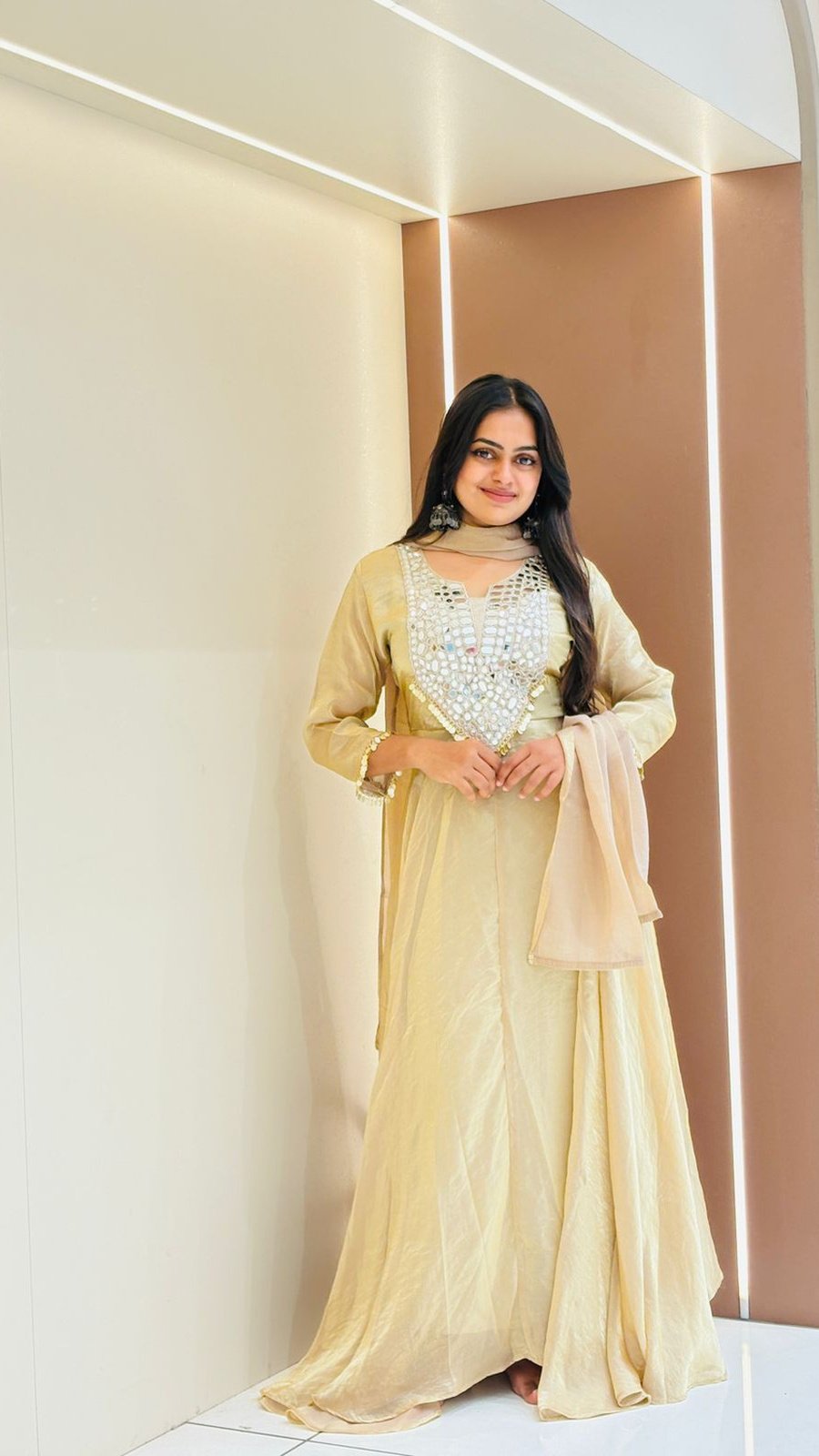 Cream Mirror Work Anarkali Set | 3-Piece Kurti, Palazzo & Dupatta