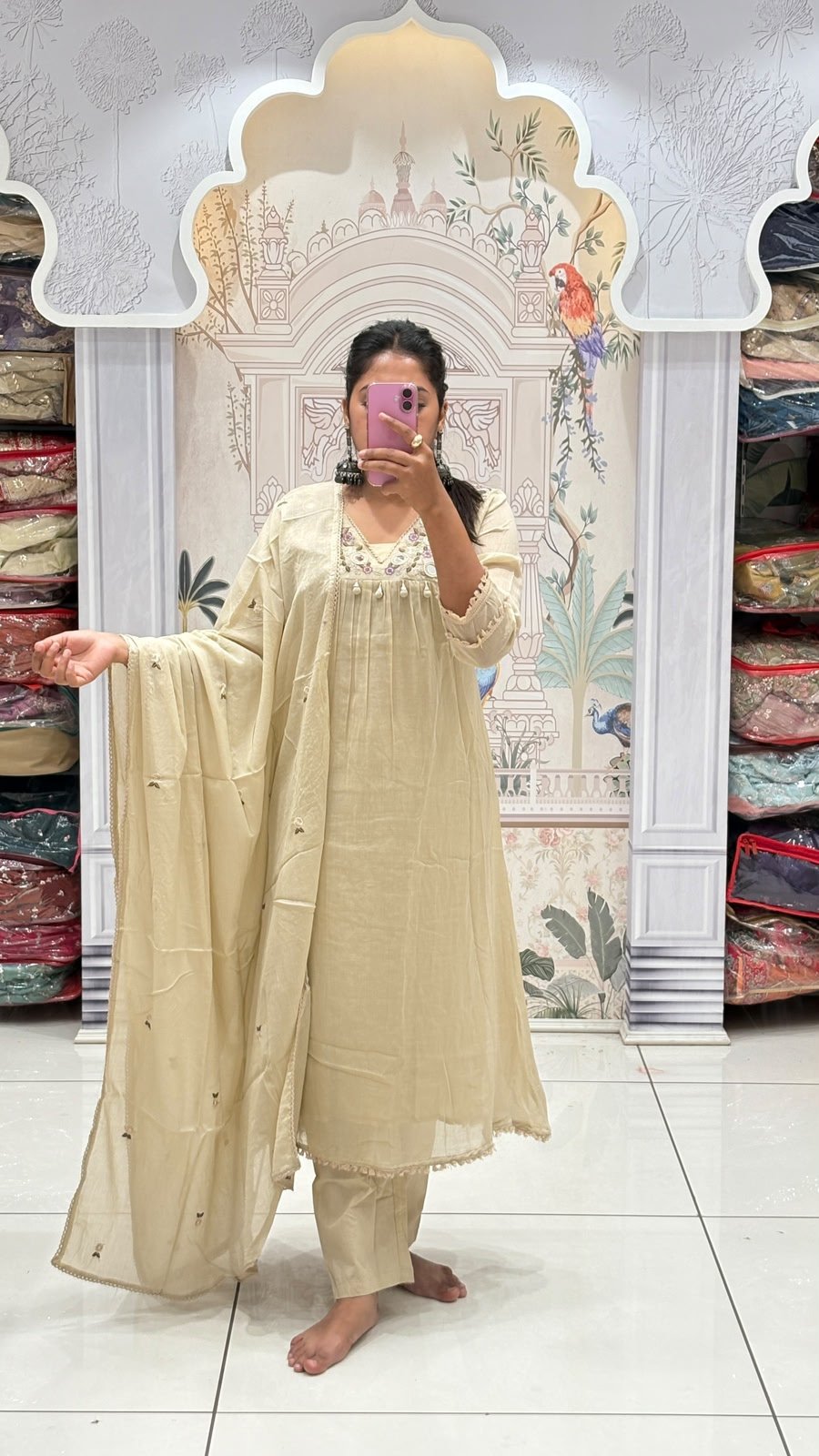 Cream Pearl Tassel Embroidered Suit Set | 3-Piece Kurti, Pants & Dupatta