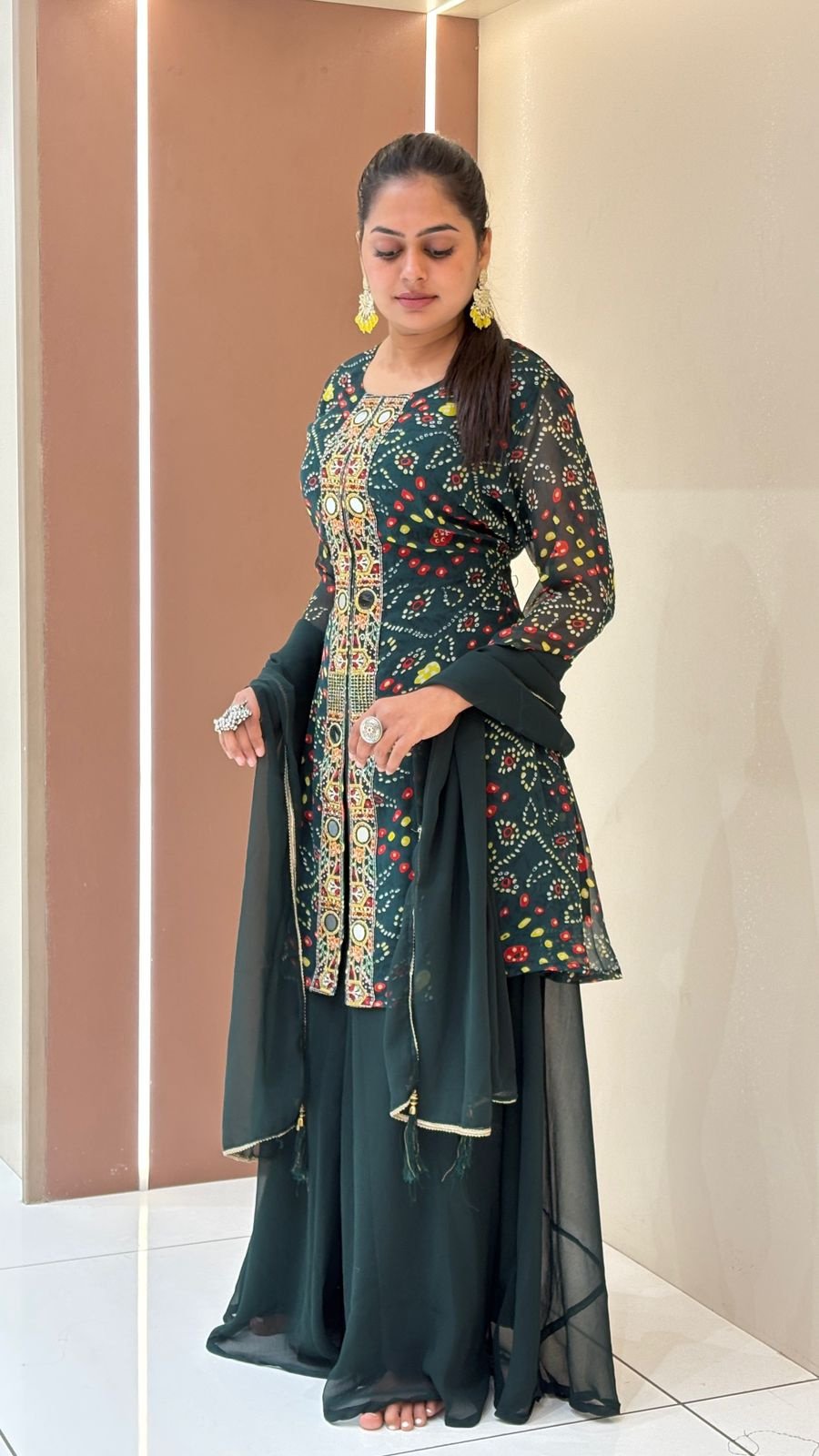Dark Green Bandhani Mirror Work Kurti Palazzo Set | 3-Piece