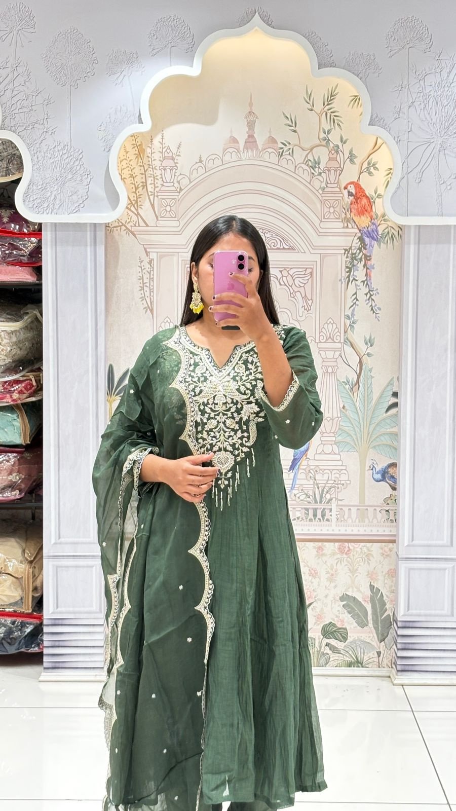 Dark Green Zardozi Embroidered Anarkali Set | 3-Piece Kurti, Pants & Dupatta