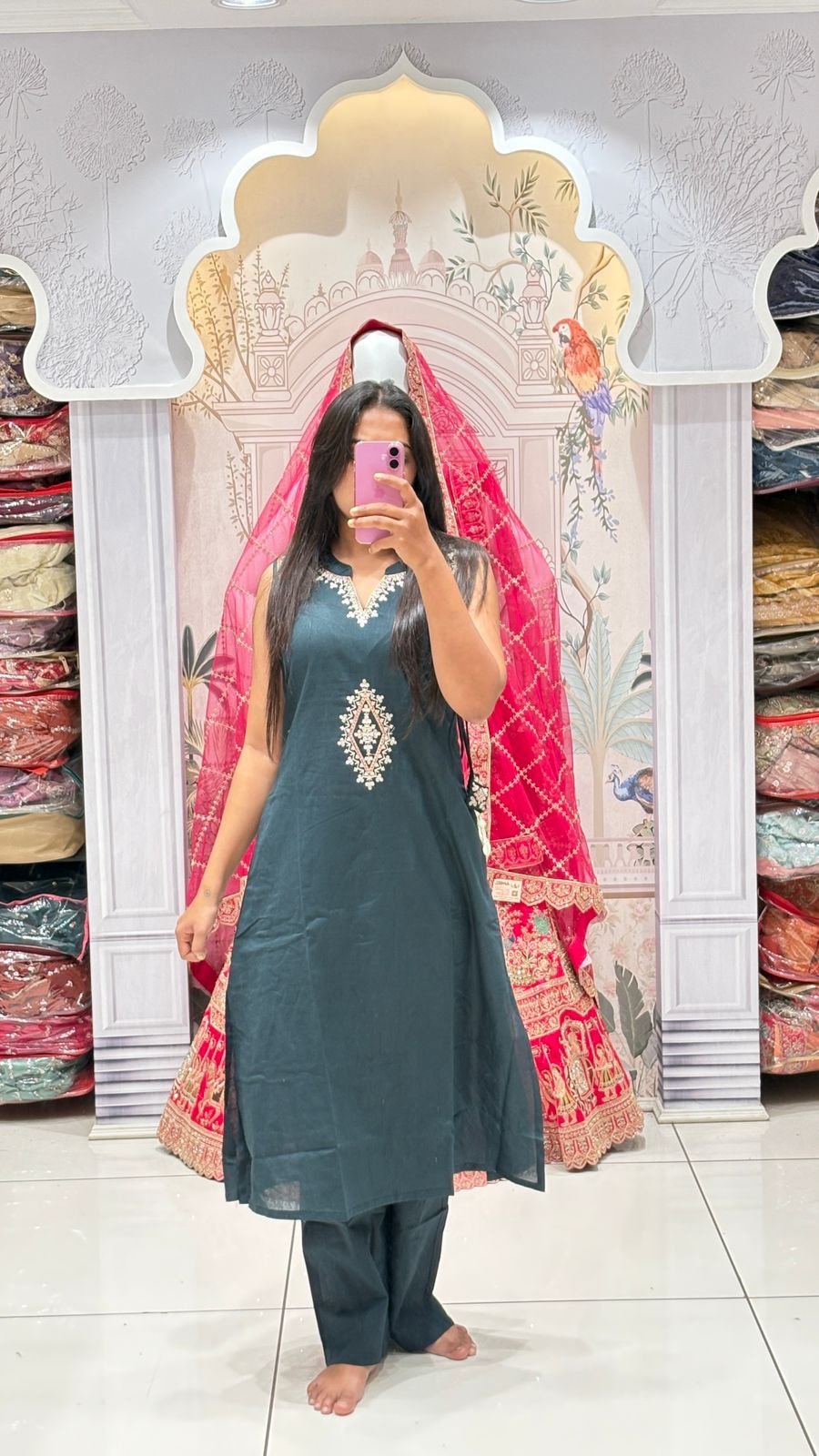 Dark Teal Mirror Embroidered Suit Set | 3-Piece Kurti, Pants & Dupatta