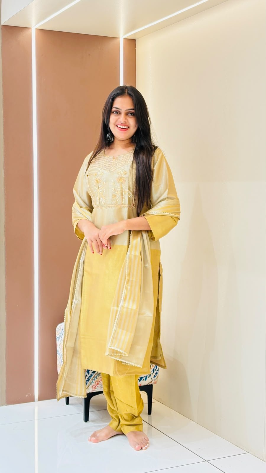 Golden Chanderi Silk Kurta Set with Striped Dupatta | 3-Piece