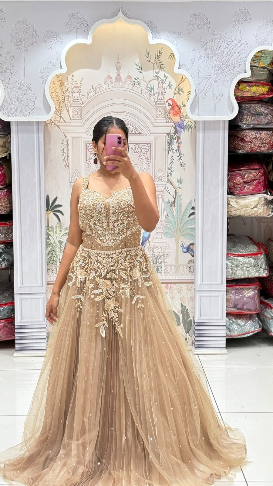Gold Tulle Beaded Floral Embroidered Ball Gown | 1-Piece