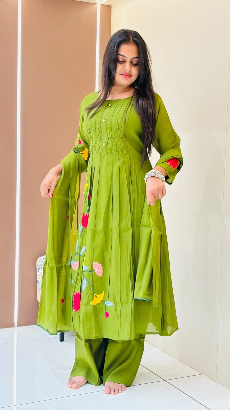 Olive Green Pintucked Anarkali Kurta Set with Floral Dupatta | 3-Piece