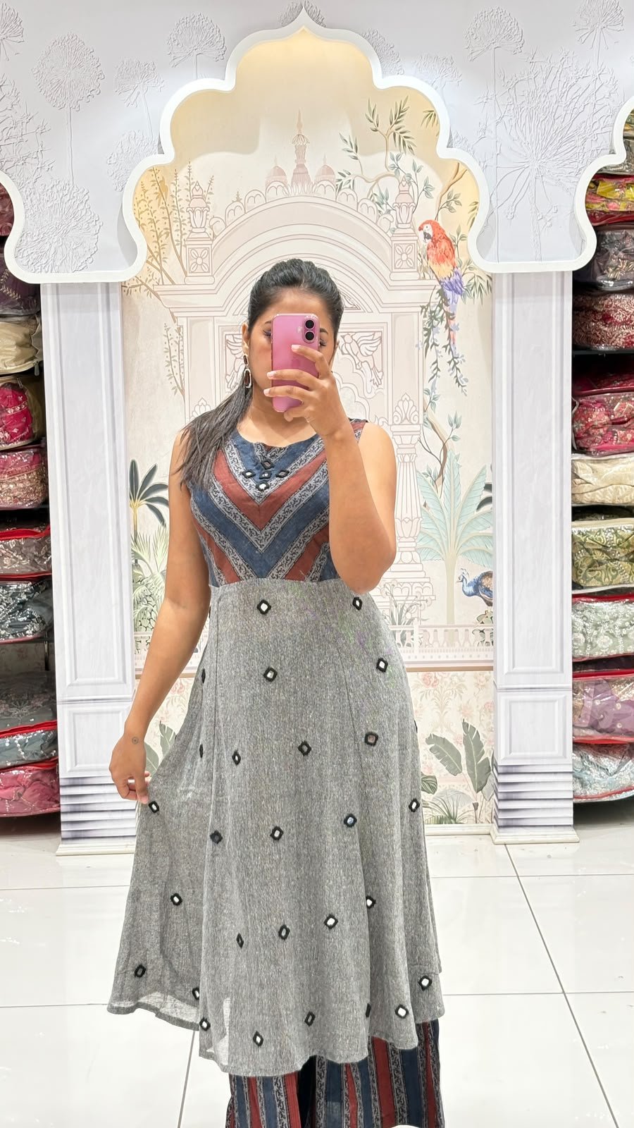 Grey Melange Sleeveless Dress with Chevron Yoke & Mirror Embellished Skirt | 1-Piece