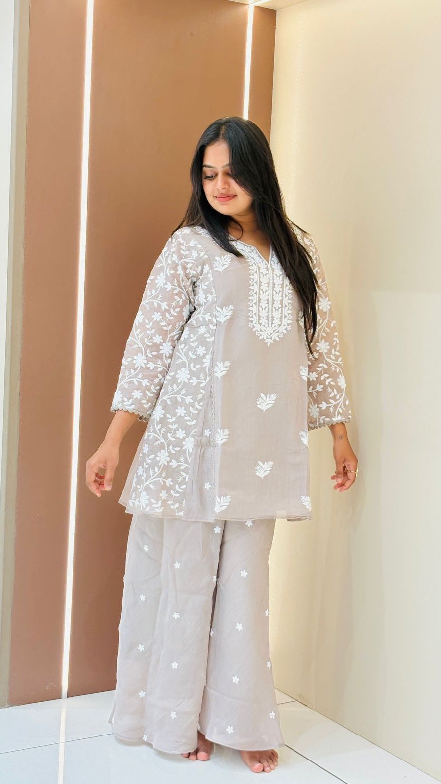 Grey Chikankari Sharara Set | 2-Piece Kurti & Sharara