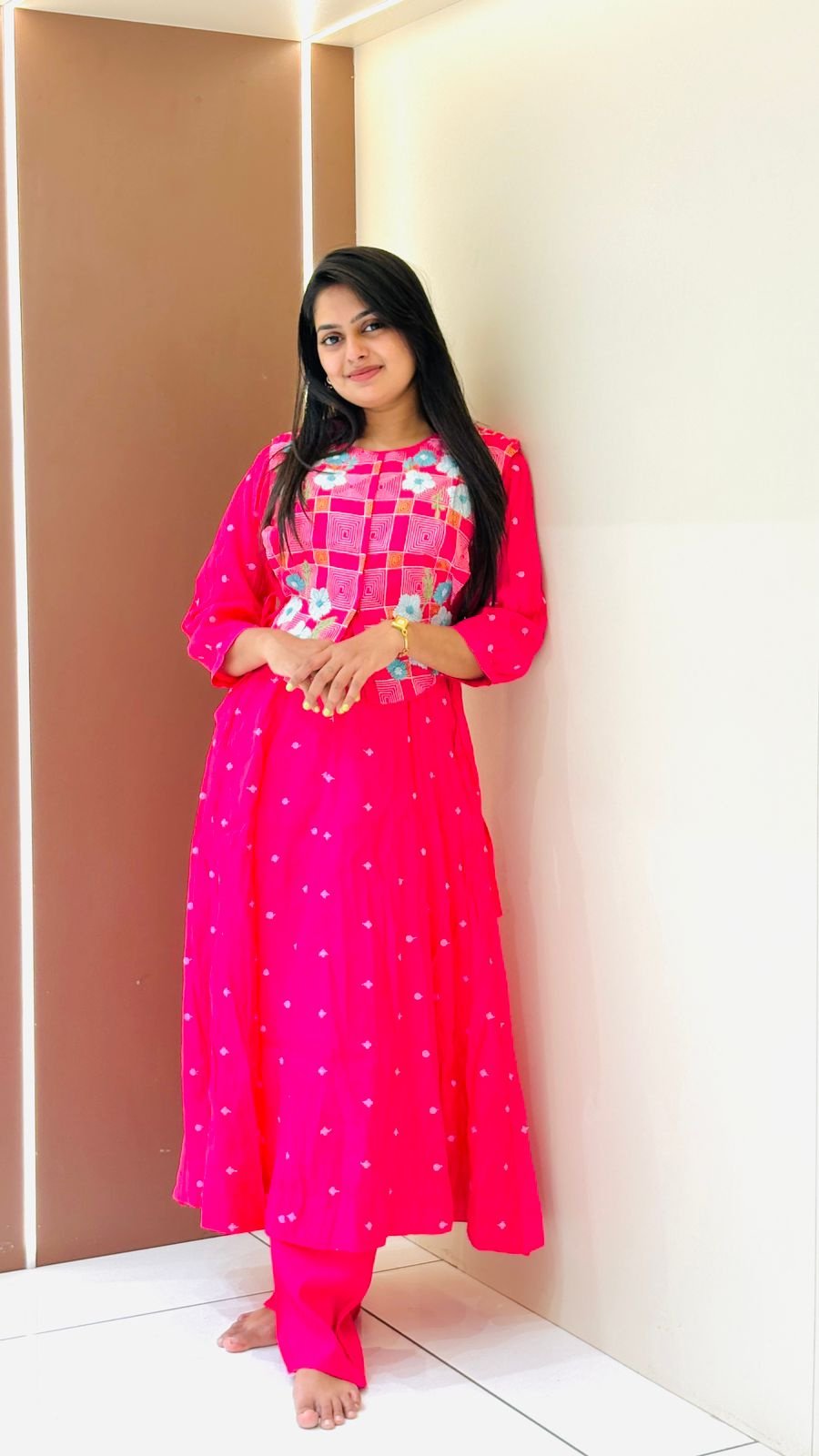 Hot Pink Bandhani Anarkali Kurti | 2-Piece Kurti & Pants