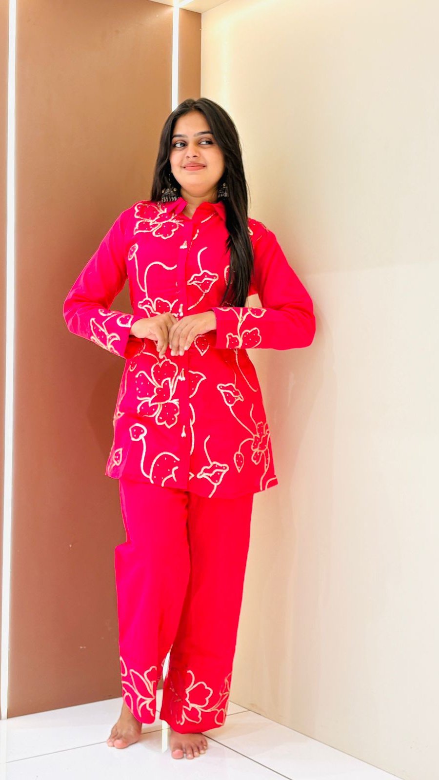 Hot Pink Floral Print Shirt Co-ord Set | 2-Piece Shirt & Straight Pants