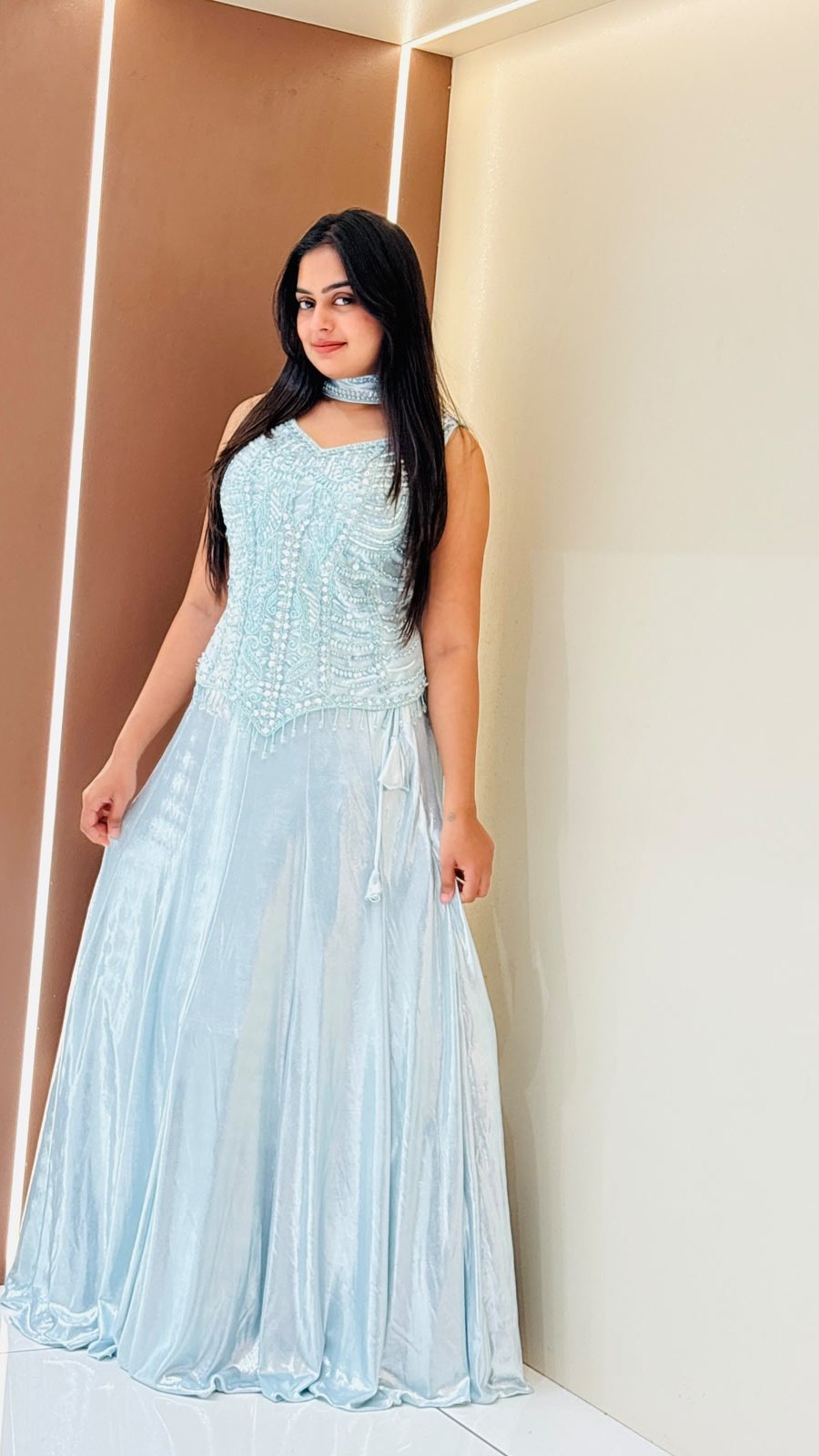 Ice Blue Embellished Crop Top Gown Set | 2-Piece Crop Top & Floor Gown