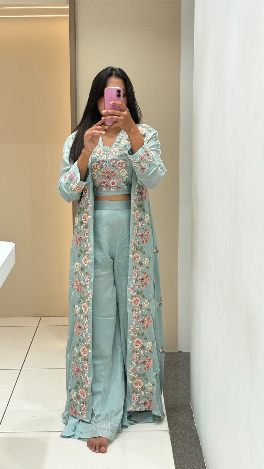 Ice Blue Floral Embroidered Jacket Crop Top Palazzo Set | 3-Piece