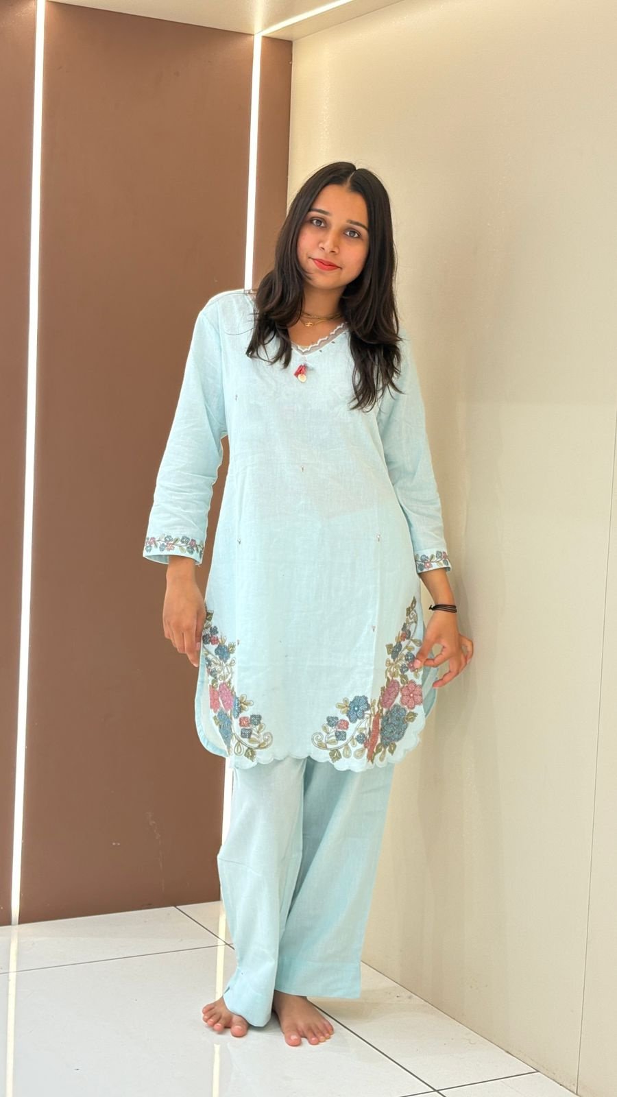 Ice Blue Floral Embroidered Kurti & Pants Set | 2-Piece
