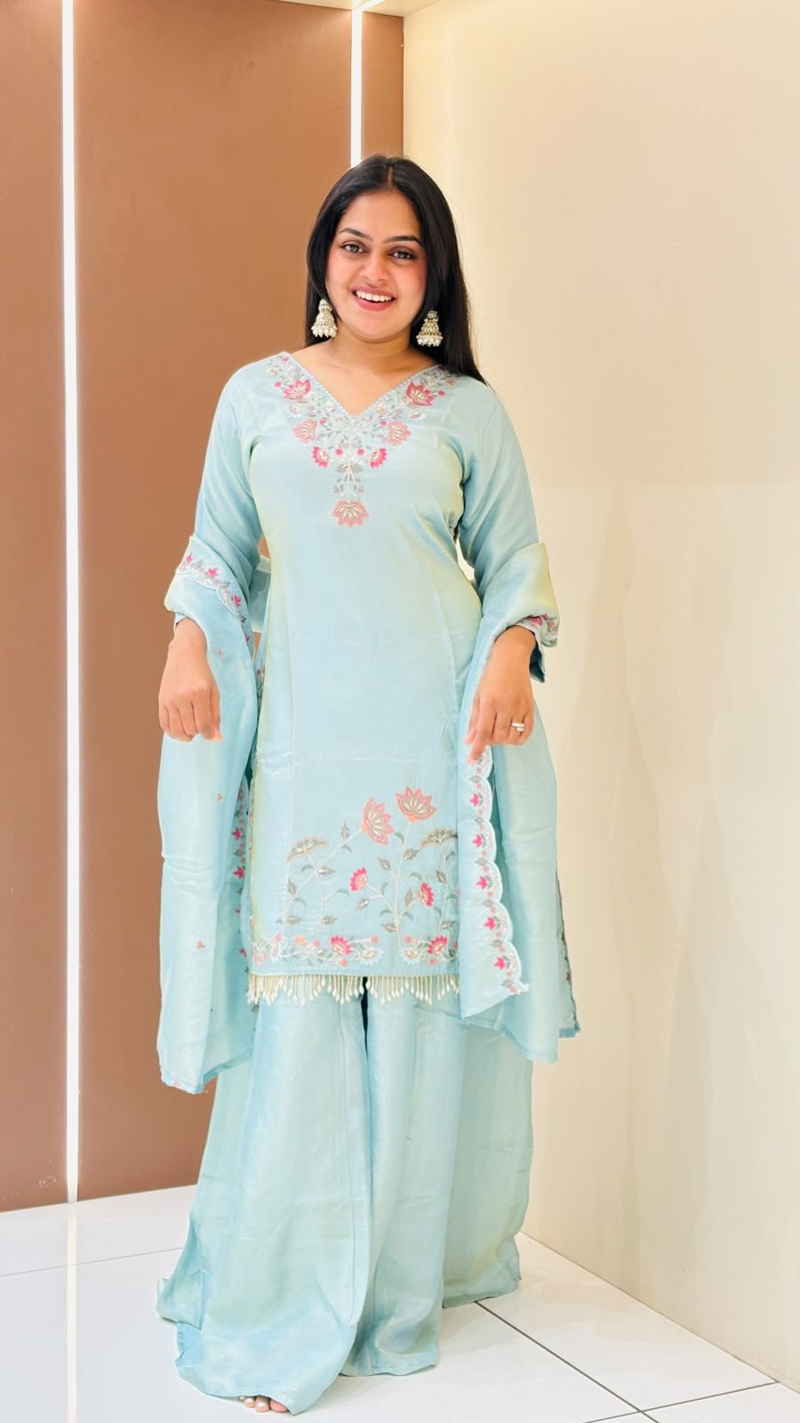 Ice Blue Floral Embroidered Sharara Set | 3-Piece Kurti, Sharara & Dupatta