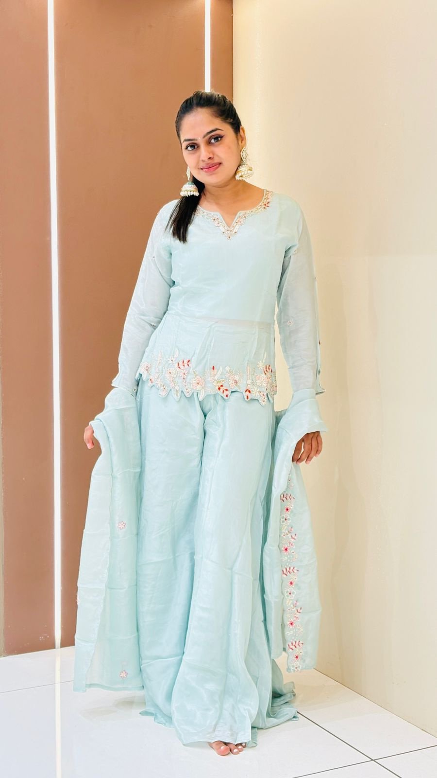 Ice Blue Floral Appliqué Peplum Kurti Sharara Set | 3-Piece