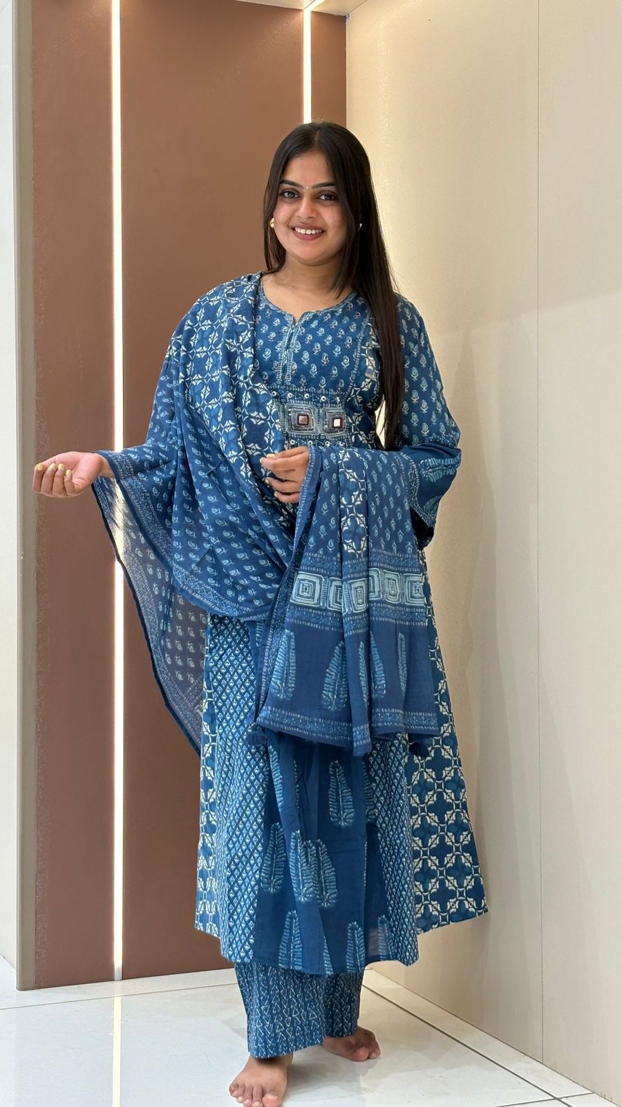 Indigo Blue Block Print Anarkali Set | 3-Piece Kurti, Palazzo & Dupatta
