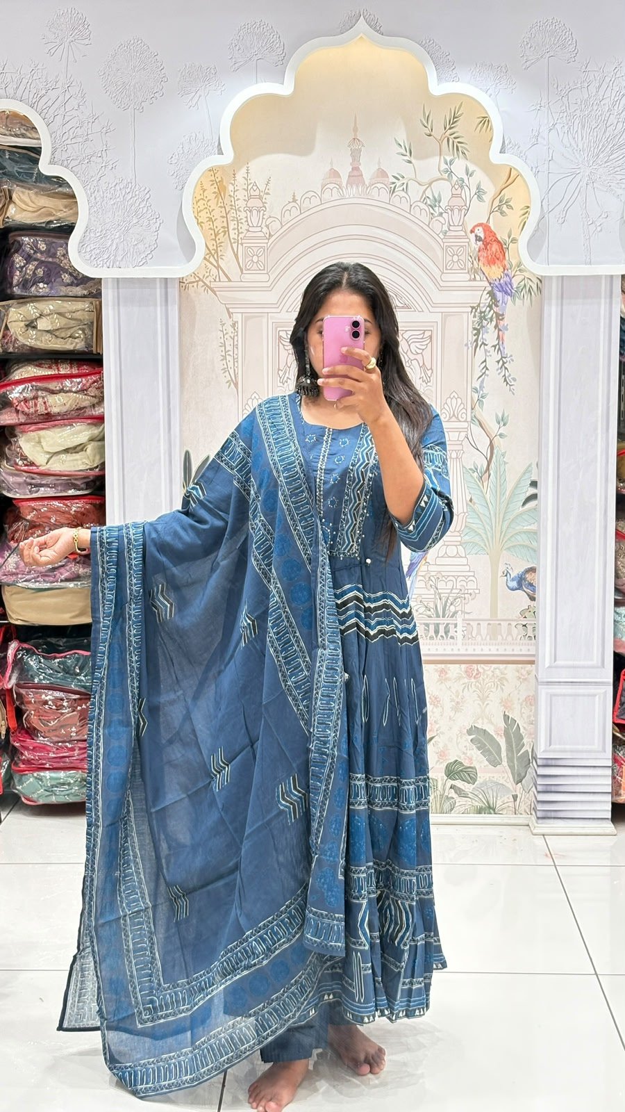 Indigo Blue Bandhani Print Anarkali Set | 3-Piece Kurti, Pants & Dupatta