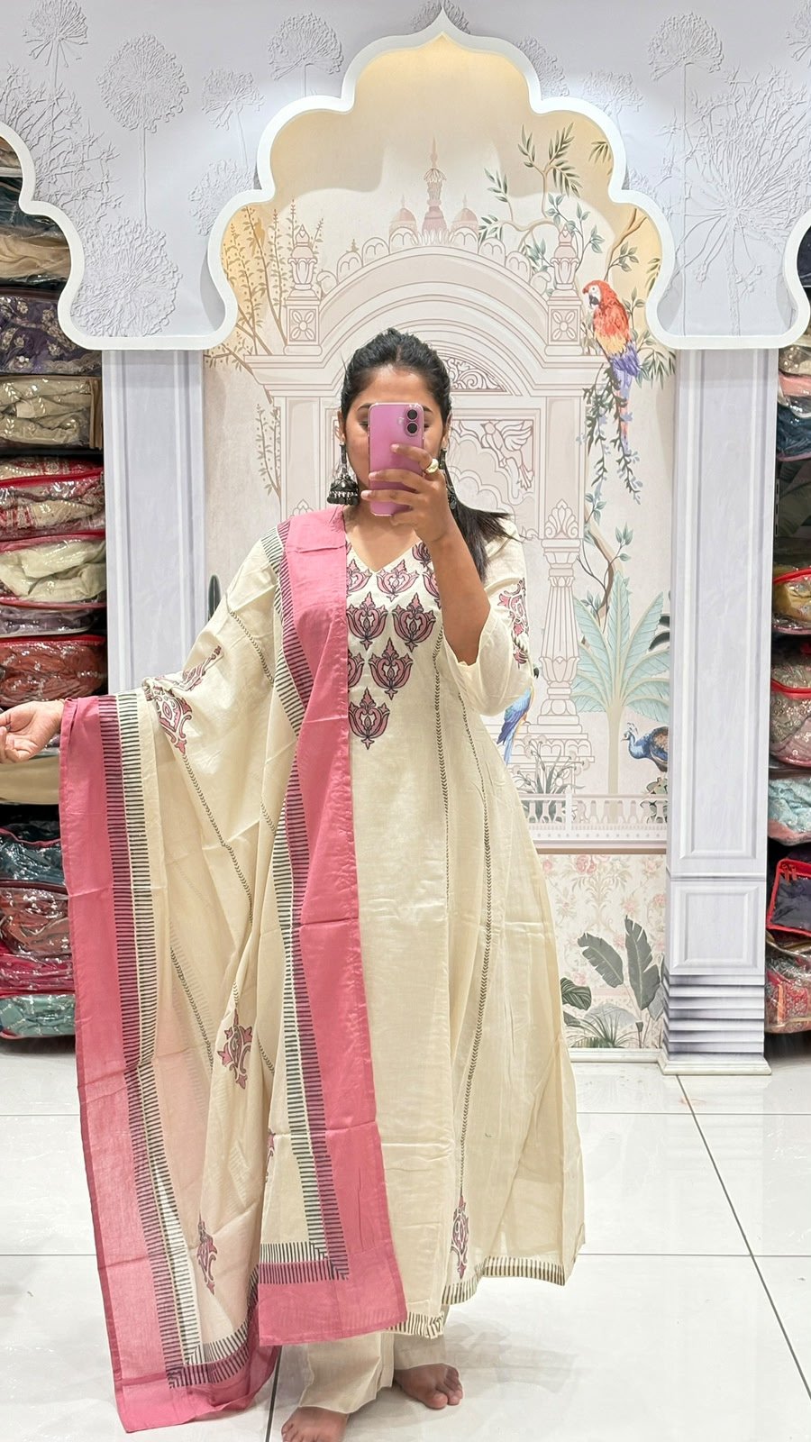 Ivory Block Print Anarkali Set with Pink Border Dupatta | 3-Piece