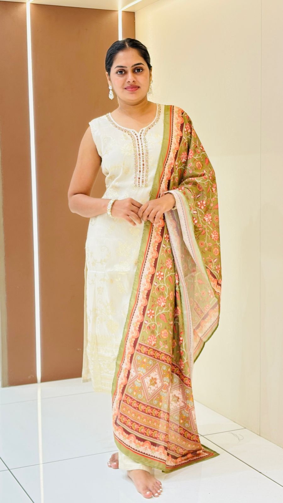 Ivory Chikankari Embroidered Suit with Olive Floral Dupatta | 3-Piece