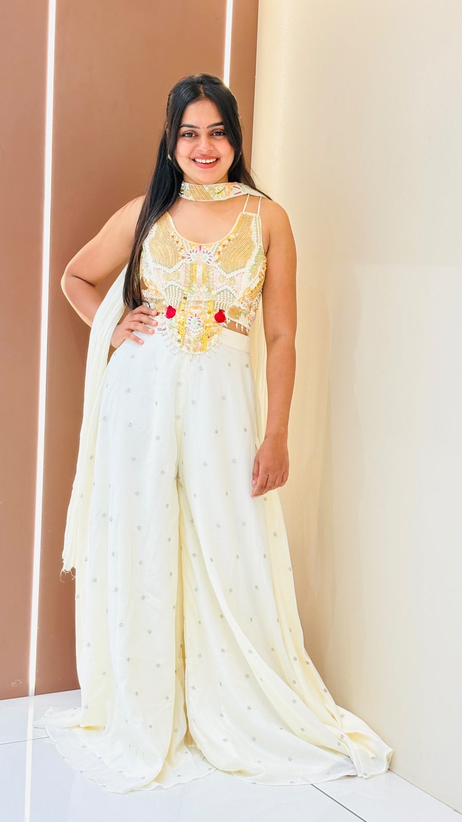 Ivory Embellished Crop Top Palazzo Set | 3-Piece Crop Top, Palazzo & Dupatta