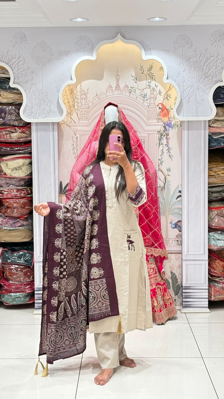 Ivory Deer Motif Suit Set with Aubergine Paisley Dupatta | 3-Piece