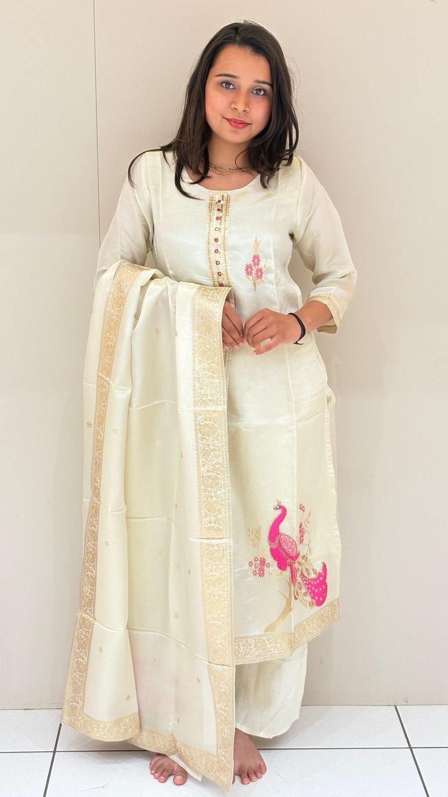 Ivory Peacock Embroidered Silk Suit Set | 3-Piece Kurti, Pants & Dupatta