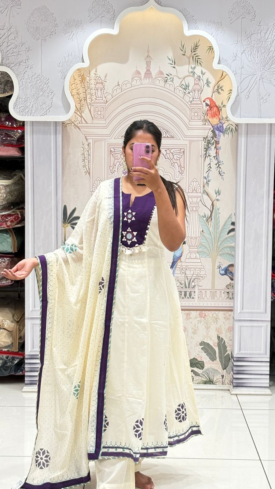 Ivory & Purple Appliqué Anarkali Set | 3-Piece Kurti, Pants & Dupatta