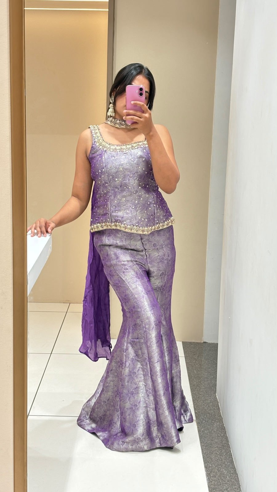 Lavender Brocade Pearl Embroidered Sharara Set | 3-Piece Top, Sharara & Dupatta