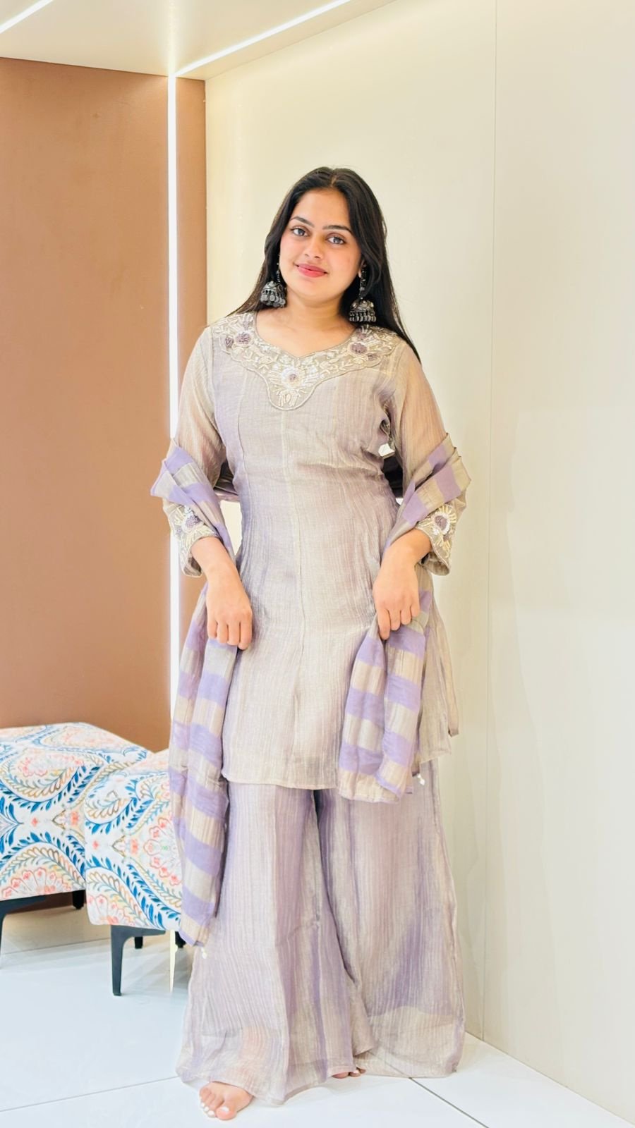 Lavender Shimmer Suit Set | 3-Piece Kurti, Palazzo & Dupatta
