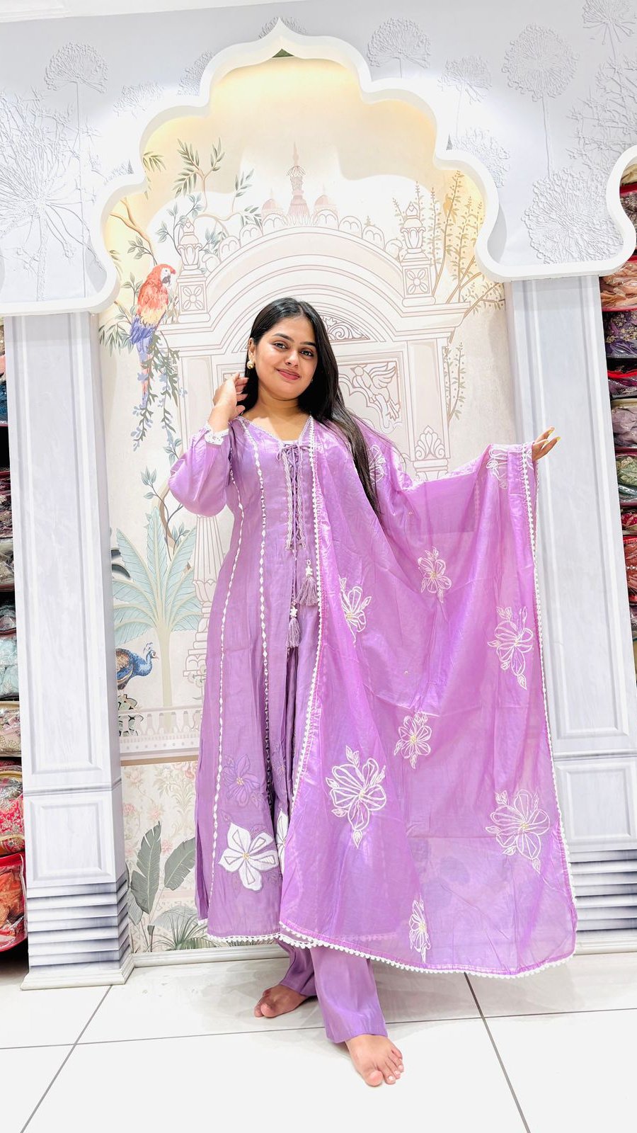 Lavender Floral Embroidered Anarkali Set | 3-Piece Kurti, Pants & Dupatta
