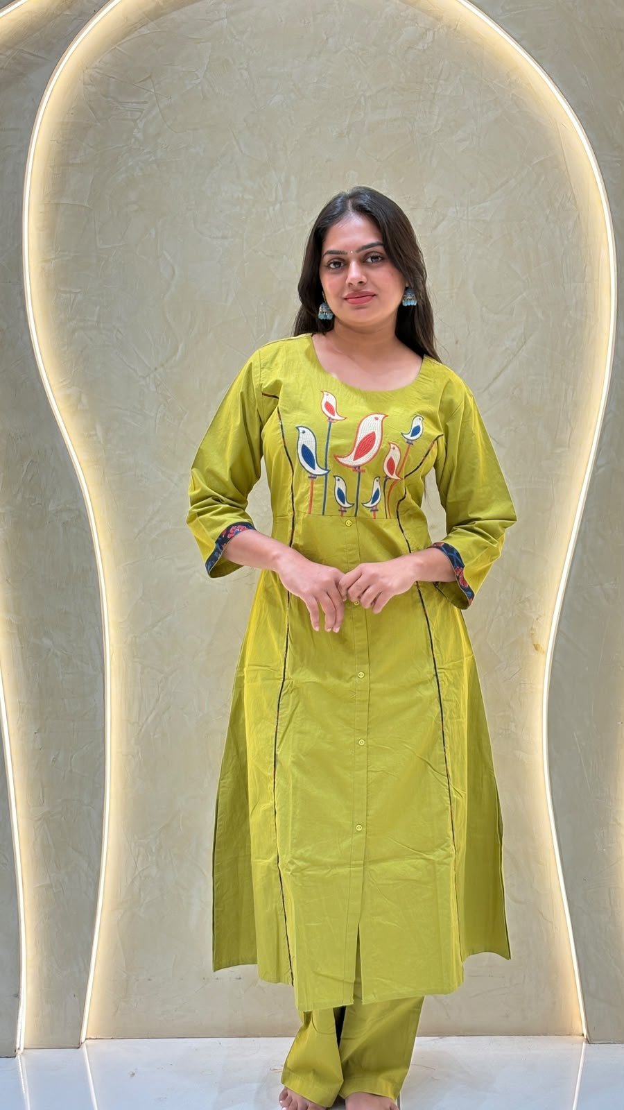 Lime Green Cotton Kurta with Bird Embroidery Yoke | 2-Piece
