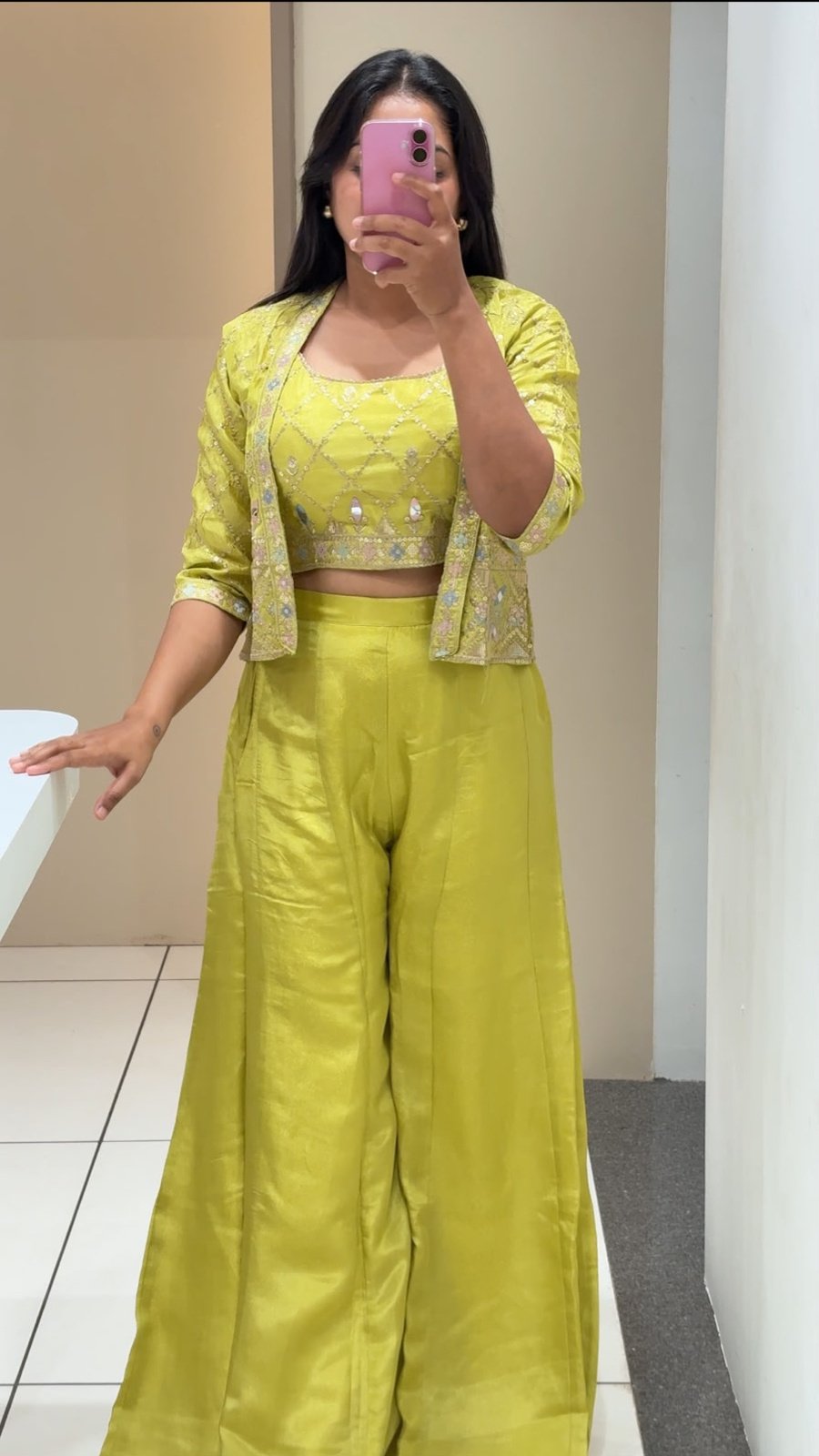 Lime Green Mirror Embroidered Jacket Crop Top Palazzo Set | 3-Piece